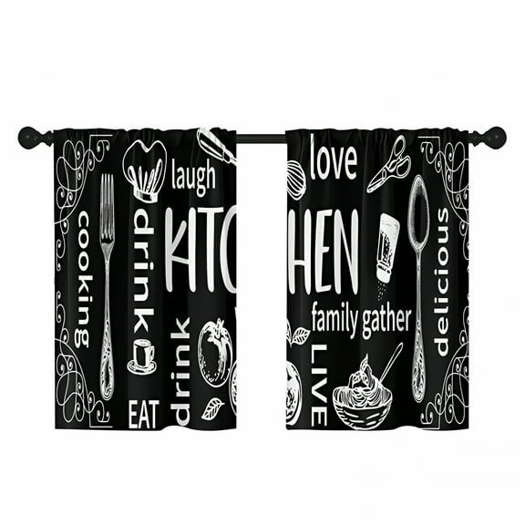 AUQ Black Kitchen Curtains 36 Inch Length Kitchen Doodle Window Curtains Over Sink Set of 2,Funny Short Tier Curtain for Kitchen,Abstract Small Kitchen Decor