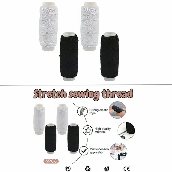 AUQ Black and White Elastic Thread 4 Pack, Polyester Smocking Cord for Sewing, Stretchy Thread for Shirring, Ruching, Garment Making, and Repairs