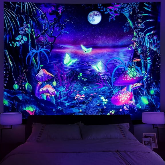AUQ Blacklight Fantasy Forest Moon Tapestry Uv Reactive Neon Mushroom Butterfly Space Wall Tapestries Aesthetic Nature Landscape Backdrop for Bedroom Living Room Decor 51.2X59.1 Inches