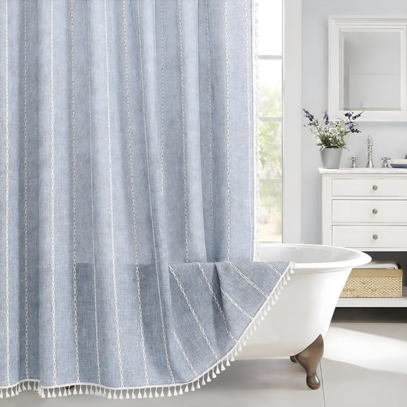 AUQ Blue Boho Fabric Shower Curtain,Modern Farmhouse Polyester Linen Shower Curtains for Vintage Rustic Bathroom Decor,Country Tassel Thick Cloth Shower Curtain,72 X 72