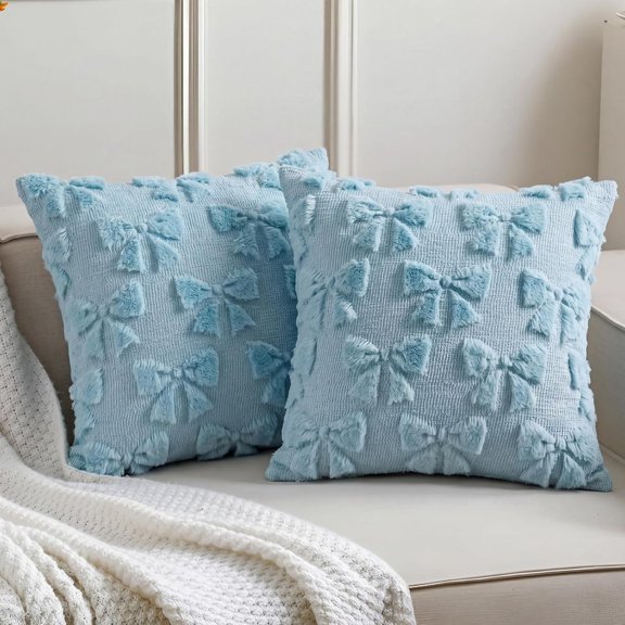 AUQ Blue Bow Pillow Covers Set of 2 Preppy Room Decor Coquette Cute Spring Summer Decorative Faux Fur Soft Bowknot Stuff Fluffy Plush Aesthetic Pillowcase for Bed Sofa Couch (18 X 18 Inch)