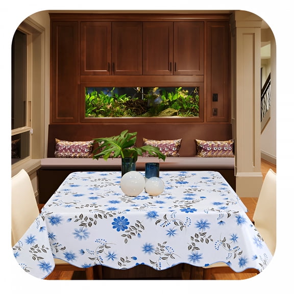 AUQ Blue Flower Print Square 53 X 53 Inch Tablecloth Waterproof Outdoor Table Cloth