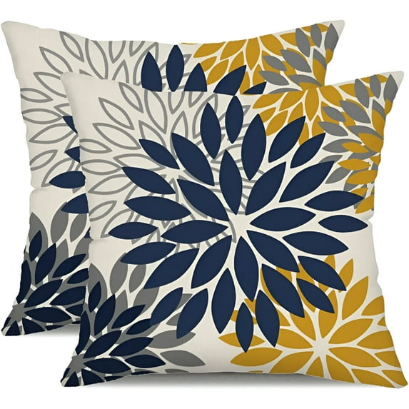 AUQ Blue Yellow Flower Pillow Covers 18x18 Inch Set of 2 Outdoor Throw Pillows Outdoor Waterproof Decor for Living Room Sofa Patio Funiture Garden Floral Linen Cushion Case