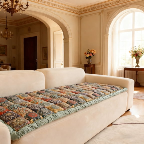 AUQ Bohemian Patchwork Quilted Sofa Cover Spring Boho Floral Pattern Couch Cover with Edge Pet Friendly Sofa Slipcovers Dog Cushion Blanket Pad Bed Mat Furniture Protector for Living Room