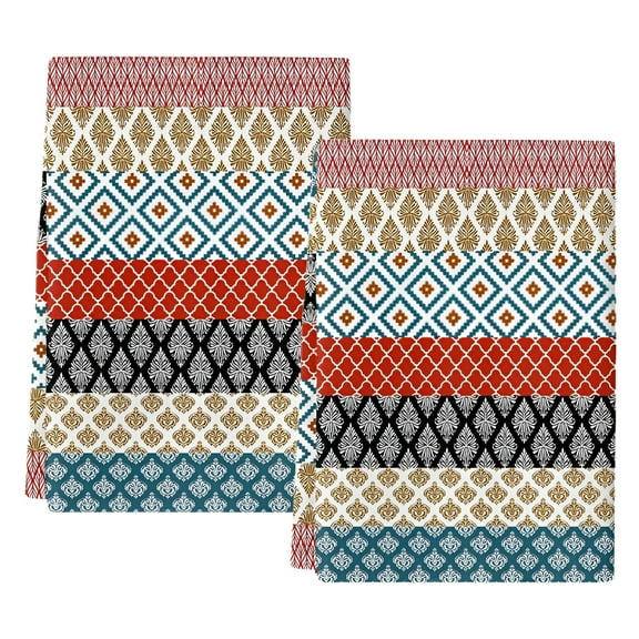 AUQ Boho Kitchen Towel Ethnic Boho Hand Towels Dish Towel Geometric Striped Tribal Vintage Hand Towels Set of 2 Absorbent Soft Cotton Dish Cloths Bar Tea Towels for Bathroom Kitchen Farmhouse Decor