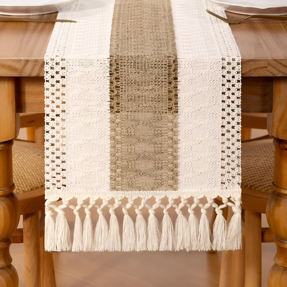AUQ Boho Macrame Table Runner Farmhouse Woven Small Table Runner with Tassels 36 Inches Ivory& Burlap Brown Cotton Linen Kitchen Table Decor for Dining Dresser Home Tea Table Decor