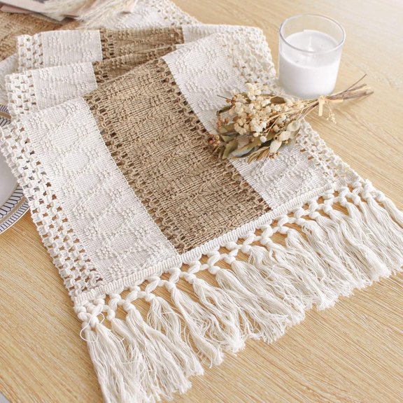 AUQ Boho Table Runner 72 Inches Long with Tassels,Lace Table Runner Farmhouse Rustic Macrame Burlap,Decor for Living Room Dining