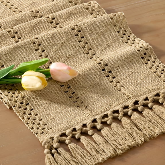 AUQ Boho Table Runner Easter Spring Farmhouse Rustic Dining Kitchen Centerpiece Decor Small Macrame Woven Cotton Linen Coffee Table Runner for Dresser Scarf Home Decor 12X36 Inch Champagne