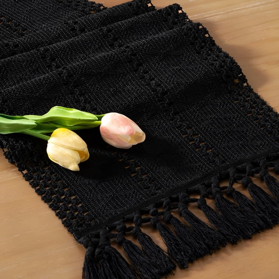 AUQ Boho Table Runner Valentine's Day Farmhouse Rustic Dining Kitchen Centerpiece Decor Small Macrame Woven Cotton Linen Coffee Table Runner for Dresser Scarf Home Decor 12x36 inch Black