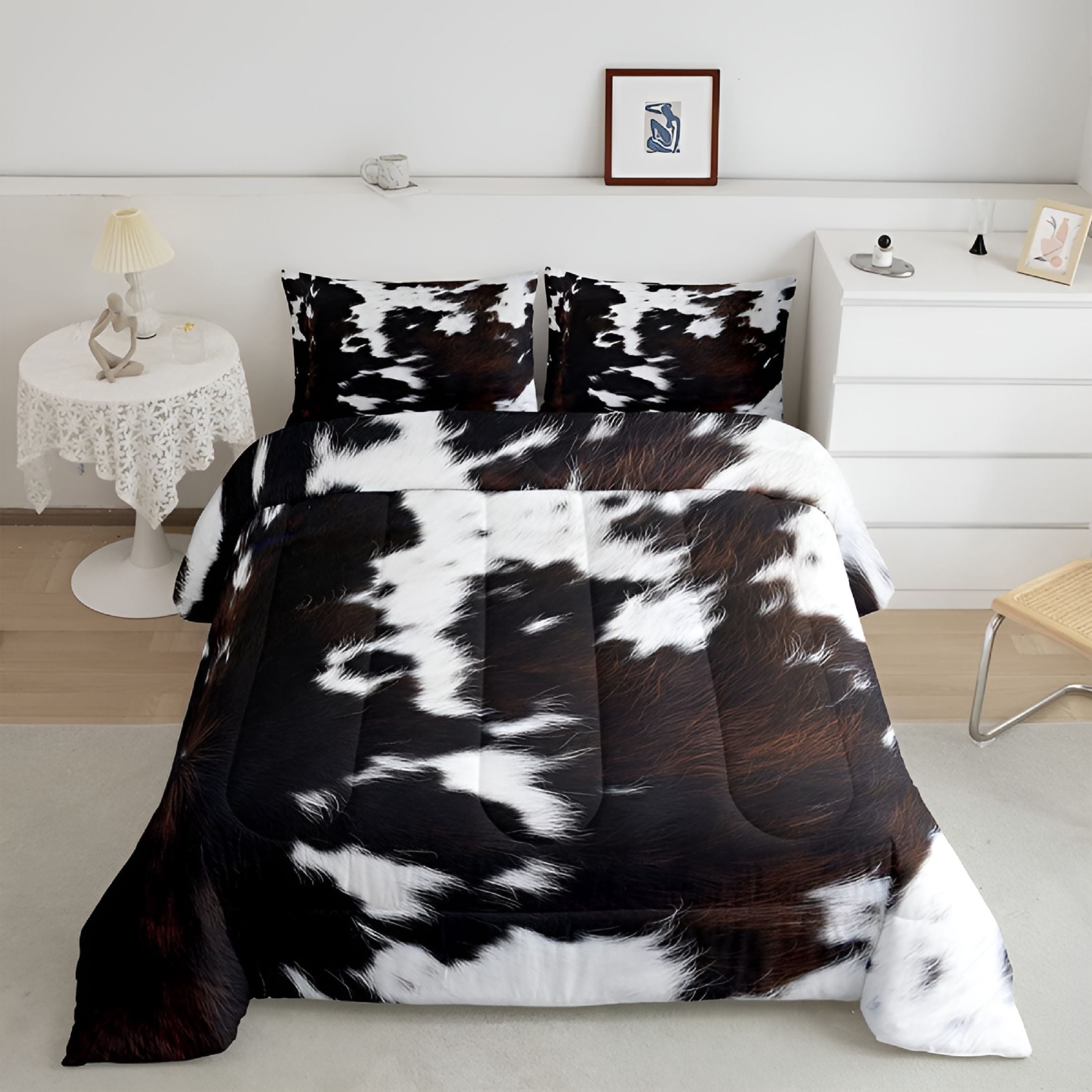 AUQ Brown Cowhide Comforter Set Twin,Black White Aztec Cow Print