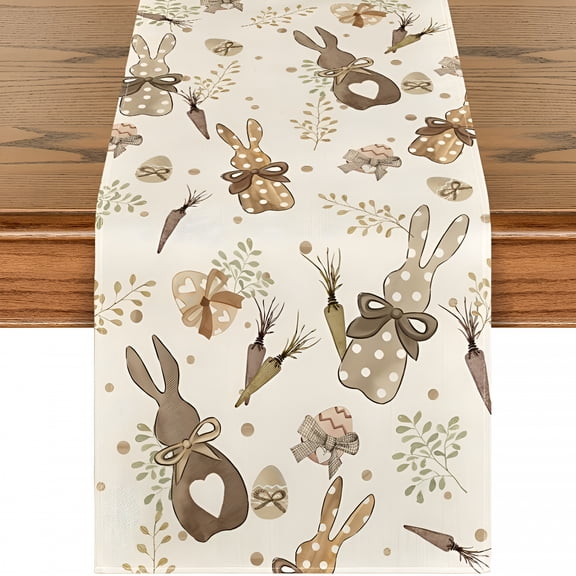 AUQ Bunny Rabbit Eucalyptus Eggs Carrots Easter Table Runner,Seasonal Spring Kitchen Dining Table Decoration for Home Party Decor 13X90 Inch
