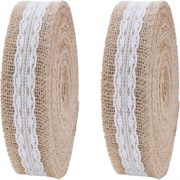 AUQ Burlap and Lace Ribbon 2 Inches Wide Jute Ribbons for Crafts - 20 Yds Roll Rustic Burlap Wrap Trim Ribbons for Wreaths Bows Wedding Party Tan Laced 2 Inches 20 Yards