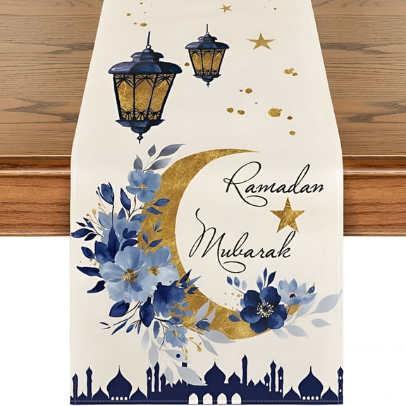 AUQ Castle Lantern Flower Ramadan Table Runner,Seasonal Kitchen Dining Table Decoration for Home Party Decor 13X90 Inch