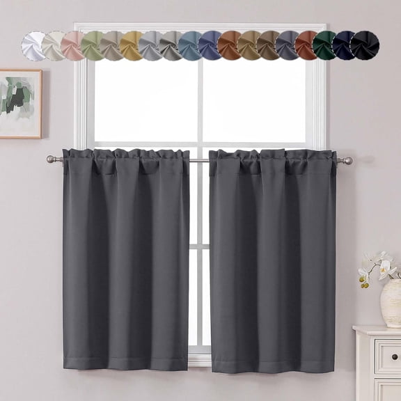 AUQ Charcoal Grey Short Blackout Curtains 36 Inch Length, Small Kitchen Curtain Tier Rod Pocket Half Window Curtains for Bathroom Basement Cabinet Camper RV Bunk, 2 PCS, Each 30" Wx36 L