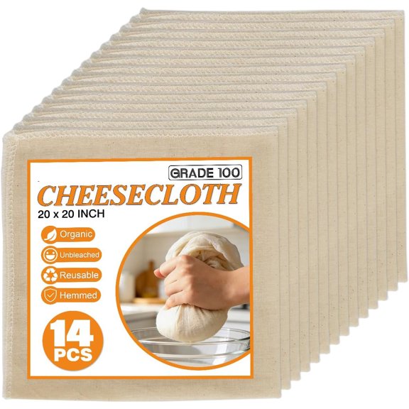 AUQ Cheese Cloths 20X20 Inch Cheesecloth Hemmed Edge Unbleached Fine Fabric Reusable Grade 100 Cotton Muslin Cloth Turkey Butter Cooking Straining Cheese Making Juicing Baking