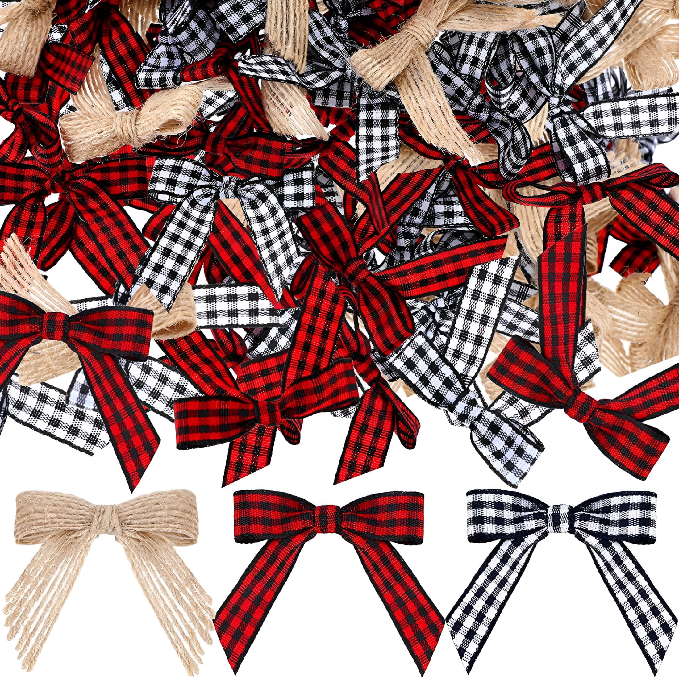 AUQ Christmas Mini Plaid Bows Burlap Bows Buffalo Plaid Bows Gingham Ribbon Bows Ornament for Christmas Tree Crafts Home Decoration DIY Making