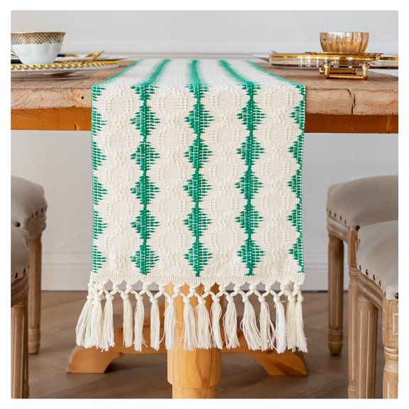AUQ Cotton Linen Blend Table Runners,Diamond Pattern Textured Green Table Runner,Cream with Green Accents Table Runner with Woven Tassels for Rustic Holiday Dining Table Decor,12 x 108 in