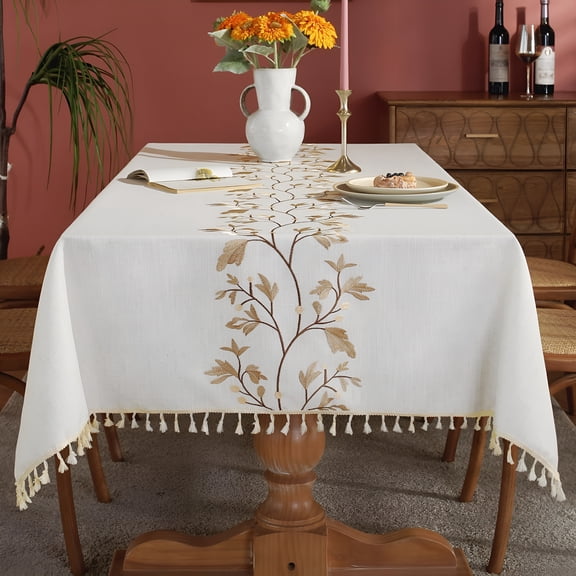 AUQ Cotton Linen Waterproof Tablecloth for Dining Table Farmhouse Kitchen Rectangle Table Cloth Coffee Wrinkle Free Tables Cover,Beige,Coffee Flower,55x86 Inch