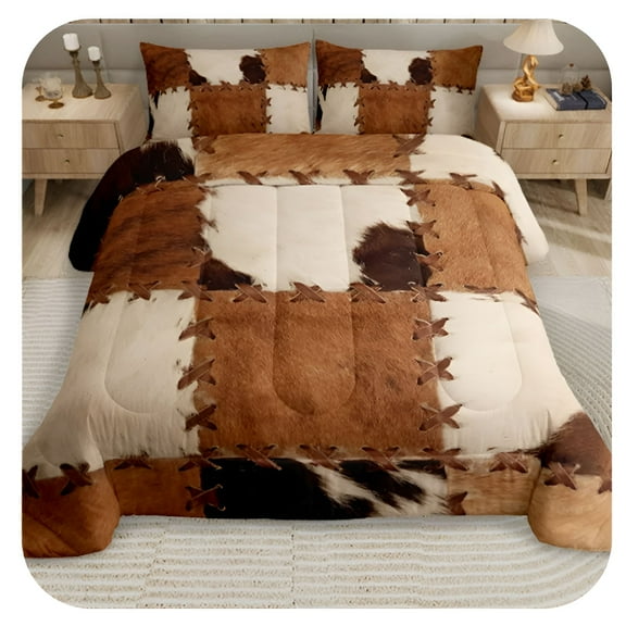 AUQ Cowhide Bedding Sets Patchwork Cow Print Comforter Farm Animal Comforter Set for Kids Boys Girls Western Cowboy Farmhouse Down Comforter with 1 Comforter and 2 Pillow Cases Bedroom Decor Queen