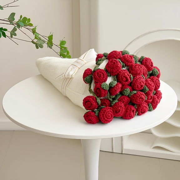 AUQ Crochet Flower Bouquet Throw Blanket,Handmade Knitted Blanket with Red Rose Cute Romantic Gift for Her,40 Inches