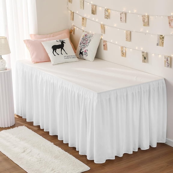 AUQ Dorm Bed Skirt Twin Xl 32 Inch Drop,Easy to Install Extra Long Wrap Around Elastic Dust Ruffle,White Bedskirt Solid Silky Fabric Machine Washable,Bedroom Decor