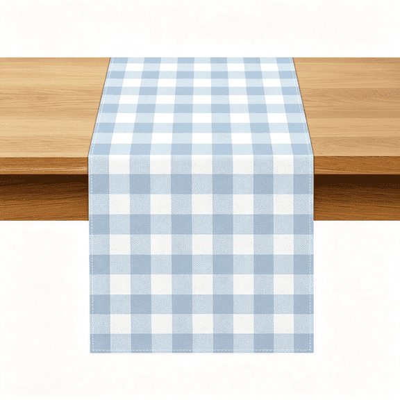 AUQ Dusty Blue Gingham Table Runner Light Blue Checkered Boy Girl Baby Shower Birthday Party Decoration Home Dining Kitchen Island Decor Light Blue Table Runners (13" X 90")
