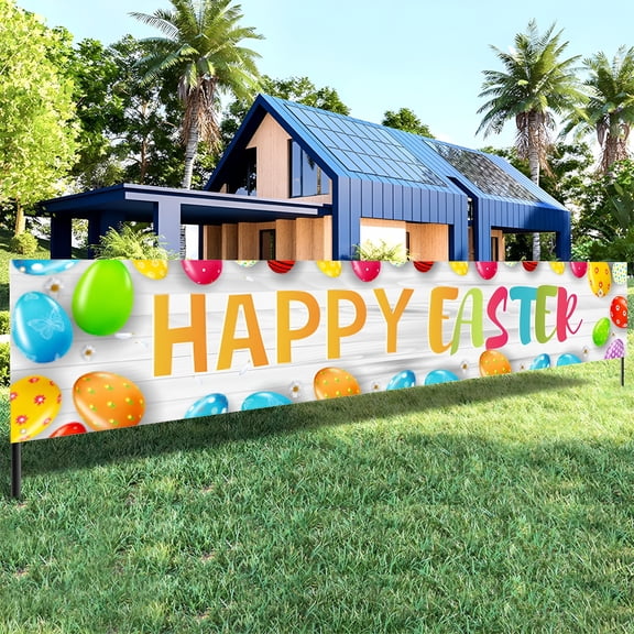 AUQ Easter Banner Hanging Flags Spring Outdoor Patio Decorations Bunny Eggs Monogram Festive Decorations Supplies