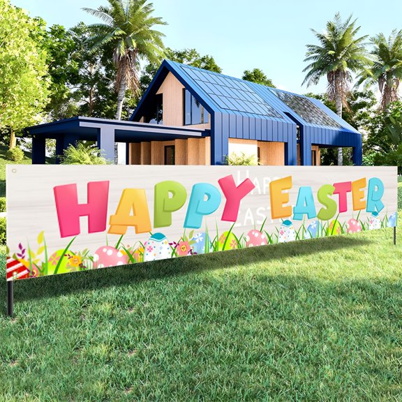 AUQ Easter Banner Hanging Flags Spring Outdoor Patio Decorations Bunny Eggs Monogram Festive Decorations Supplies