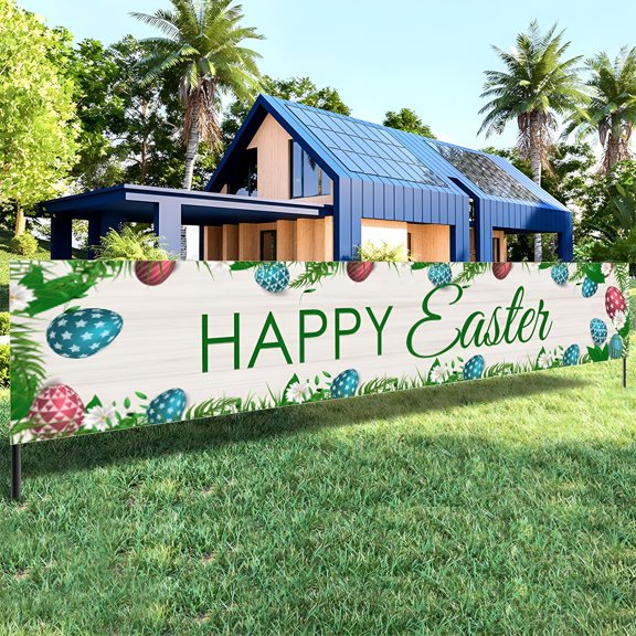 AUQ Easter Banner Hanging Flags Spring Outdoor Patio Decorations Bunny Eggs Monogram Festive Decorations Supplies