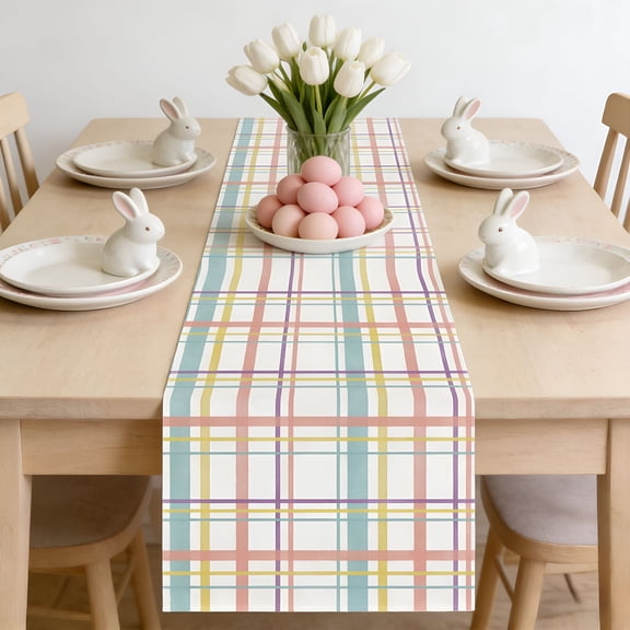AUQ Easter Table Runner with Bunny and Egg Print Design,Linen Fabric Holiday Dining Decor for Buffet and Coffee Bar,Long Size Spring Table Cover to Enhance Festive Gathering and Home Atmosphere