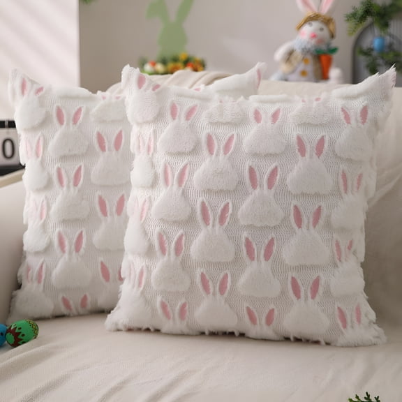 AUQ Easter Throw Pillow Covers 18 X 18 Inch Set of 2 Bunny Rabbit Soft Plush Faux Fur Decorative Throw Pillow Covers Spring Cute Bunny Pillowcases for Easter Home Living Room Bed Decor