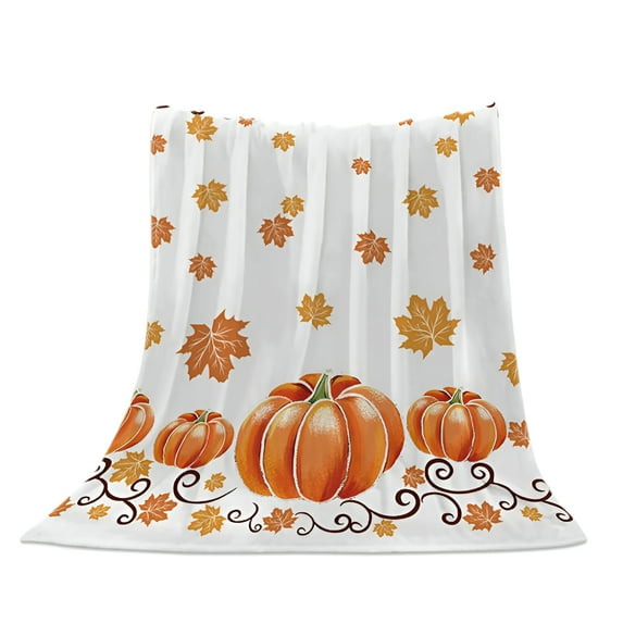 AUQ Fall Maple Leaves Throw Blankets, Thanksgiving Watercolor Pumpkins Soft Fleece Blanket Decorative for Home Sofa Couch Chair Living Bedroom, 50X60 Inches, Orange