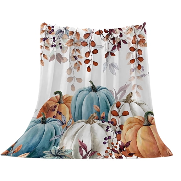 AUQ Fall Thanksgiving Throw Blankets, Watercolor Autumn Pumpkins Terracotta Eucalyptus Leaves Soft Fleece Blanket Decorative for Home Sofa Couch Chair Living Bedroom, 40X50 Inches, Blue Orange