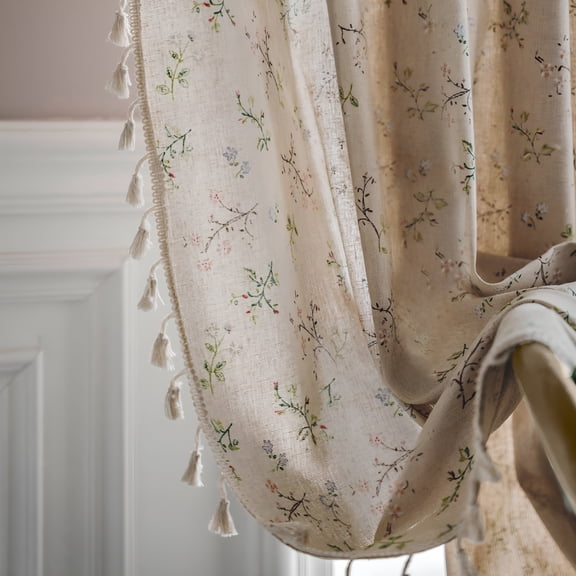 AUQ Farmhouse Boho Floral Linen Semi-Blackout Curtains - 84 Inches,Beige,For Bedroom,Living Room,And Home Decor Curtains for Living Room