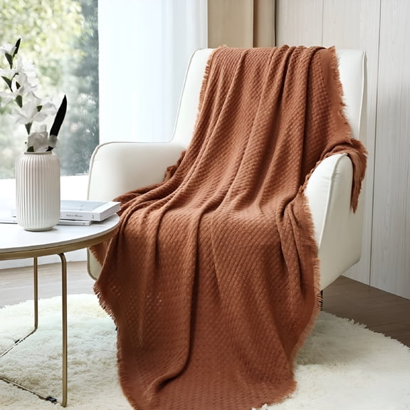 AUQ Farmhouse Rust Knit Throw Blanket for Couch Sofa Chair Bed Home Decoration,Soft Warm Cozy Light Weight for Spring Summer Fall Soft Throw Blankets (50''X60'' Caramel/Rust)