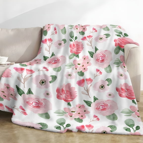 AUQ Floral Throw Blanket,Pink Rose Floral Throw Blanket,Soft Cozy Flannel Flower Blankets,Fluffy Fuzzy Rosebuds Wildflowers Print Blankets for Girls Women Gifts Home Sofa Couch Bed Decor