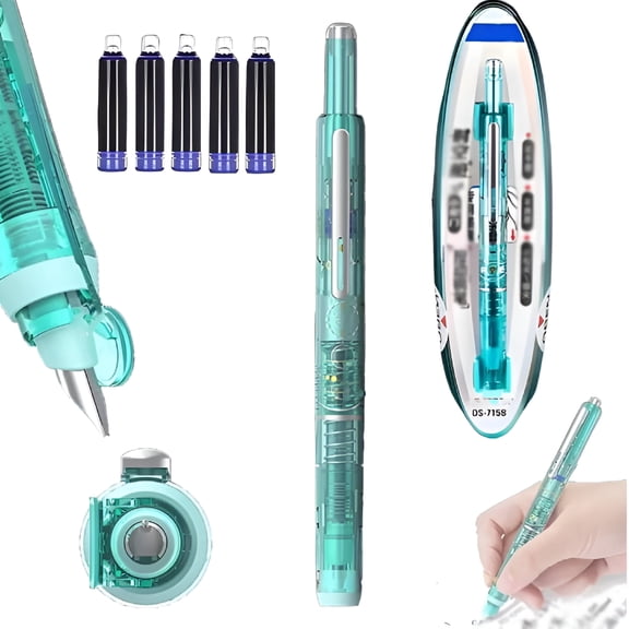 AUQ Fountain Pen Retractable: 0.38mm Blue&black Ink Transparent Barrel Includes 5 Refillable Ink Cartridges,Medium Nib Transparent Barrel for Smooth Writing No Leaking Green Pens & Blue Ink