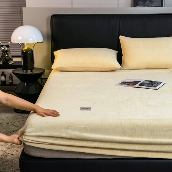 AUQ Fuzzy Bed Sheet Made from Soft and Warm Milk Velvet Fabric Wool Crystal Bed Sheet Custard
