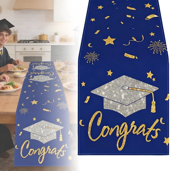 AUQ Graduation Table Runner,72X13 Inch 2026 Graduation Party Decorations,Congrats Grad Cap Table Runners,Rustic Table Runner for Dining Room,Kitchen,Home,Graduation Party Supplies,Blue