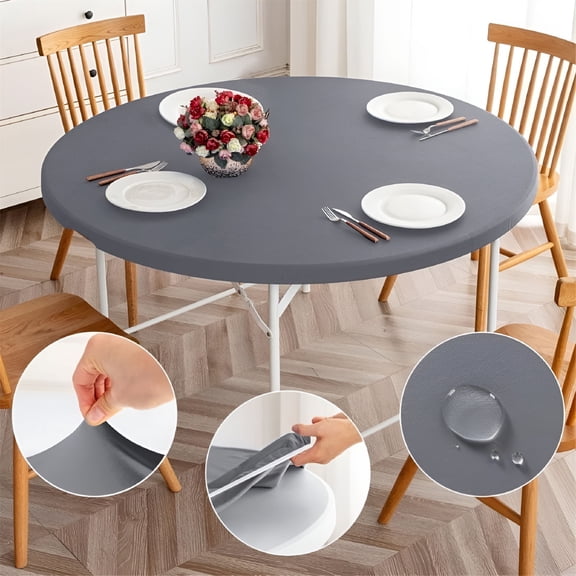 AUQ Gray Fitted Table Cover with Elastic Edged,48"Waterproof Wipeable Table Cloth,Round Plastic Tablecloth,Outdoor Stain Resistant Table Top Cover,For Indoor Outdoor Picnic Camping