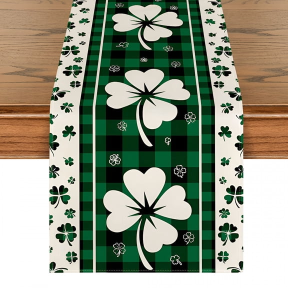 AUQ Green Shamrock St. Patrick's Day Table Runner Buffalo Plaid 13 x 48 Inch,Home Kitchen Seasonal Decoration Holiday Table Decor