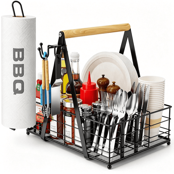 AUQ Grill Caddy with Paper Towel Holder,Picnic Bbq Condiment Utensil Organizer Caddy for Camping,Rv,Camping Accessories,Camping Essential,Camper Must Haves,Barbecue Tool Sets