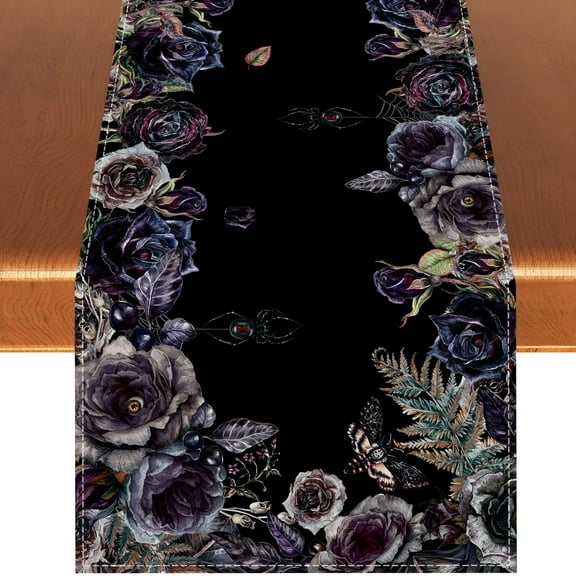 AUQ Halloween Table Runner 13x72 Inch, Gothic Skull and Roses Linen Tablecloth for Day of the Dead, Fall Dining Decor for Home Kitchen Party