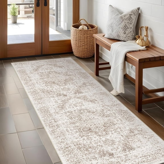AUQ Hallway 2X5 Runner Rug-Vintage Non-Slip Long Rug for Entryway Low-Pile Washable Medallion Rugs for Hallway Waterproof Traditional Indoor Thin Rugs for Kitchen(Ivory/Beige)