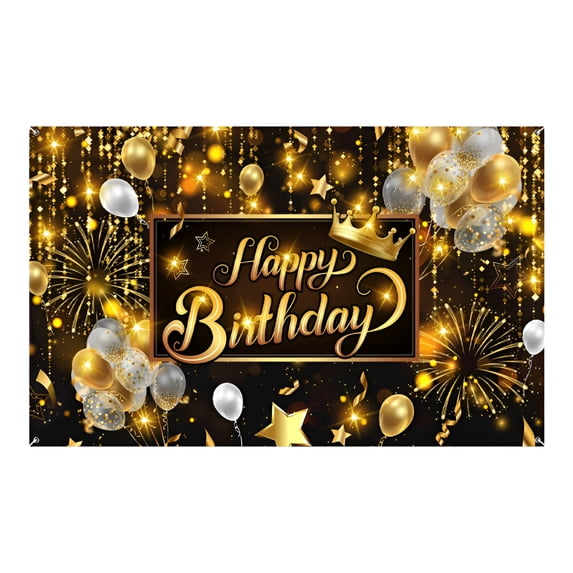 AUQ Happy Birthday Banner Backdrop, Black and Gold Balloons Large Banner Party Decorations for Men Women, Birthday Poster Sign Poster Background Decor 72X44 Inch