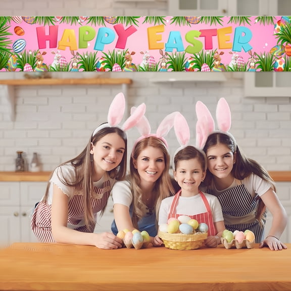 AUQ Happy Easter Banners Easter Banners for Outside Garden, Large Long Spring Bunny Easter Banner Egg Hunt Decorations, Easter Decorations and Supplies for Home Classroom Office
