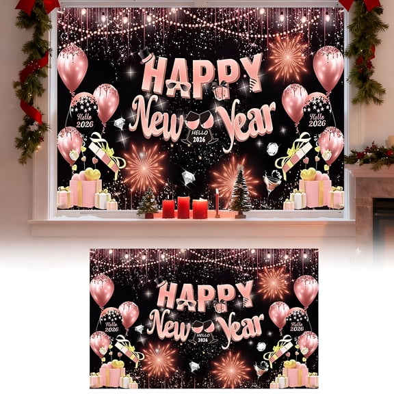 AUQ Happy New Year Banner 2026 - 37X29 Inch, 2D New Year Backdrop for Happy New Years Decorations 2026, Nye Decorations 2026, Indoor Outdoor Celebration Photography Background