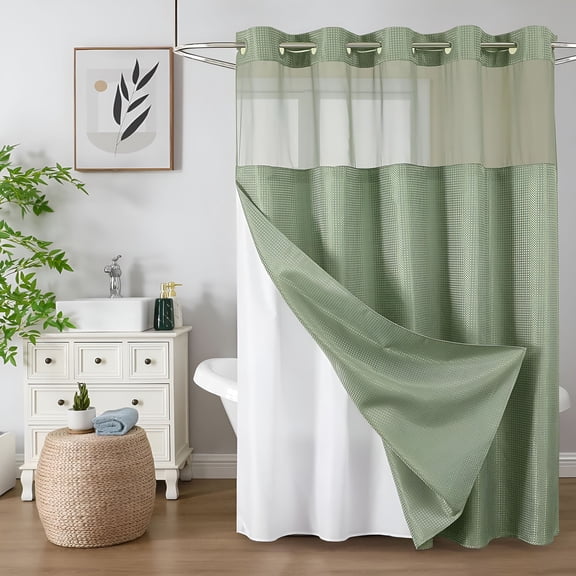 AUQ No Hook Shower Curtain with Snap in Fabric Liner,Waffle Weave Heavy Duty Thick Shower Curtains with Mesh Top Window,Hotel Style Waterproof Bathroom Curtain Set,72'' X 75'',Sage Green