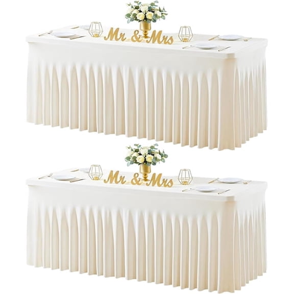 AUQ Ivory Table Cloth for 6 Foot Rectangle Tables Fitted Stretch Spandex Table Cover with Skirt 6Ft Baby Shower Birthday Party Banquet Ruffle Cream Tablecloth Wedding Table Cloths Desk Skirt