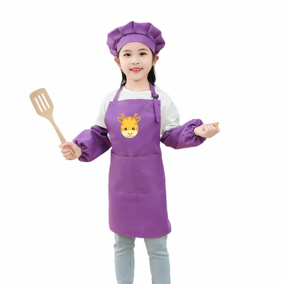AUQ Kids Apron,Polyester-Made Fabric Apron with Pockets,Back String Design Kids Aprons for Cooking,Purple